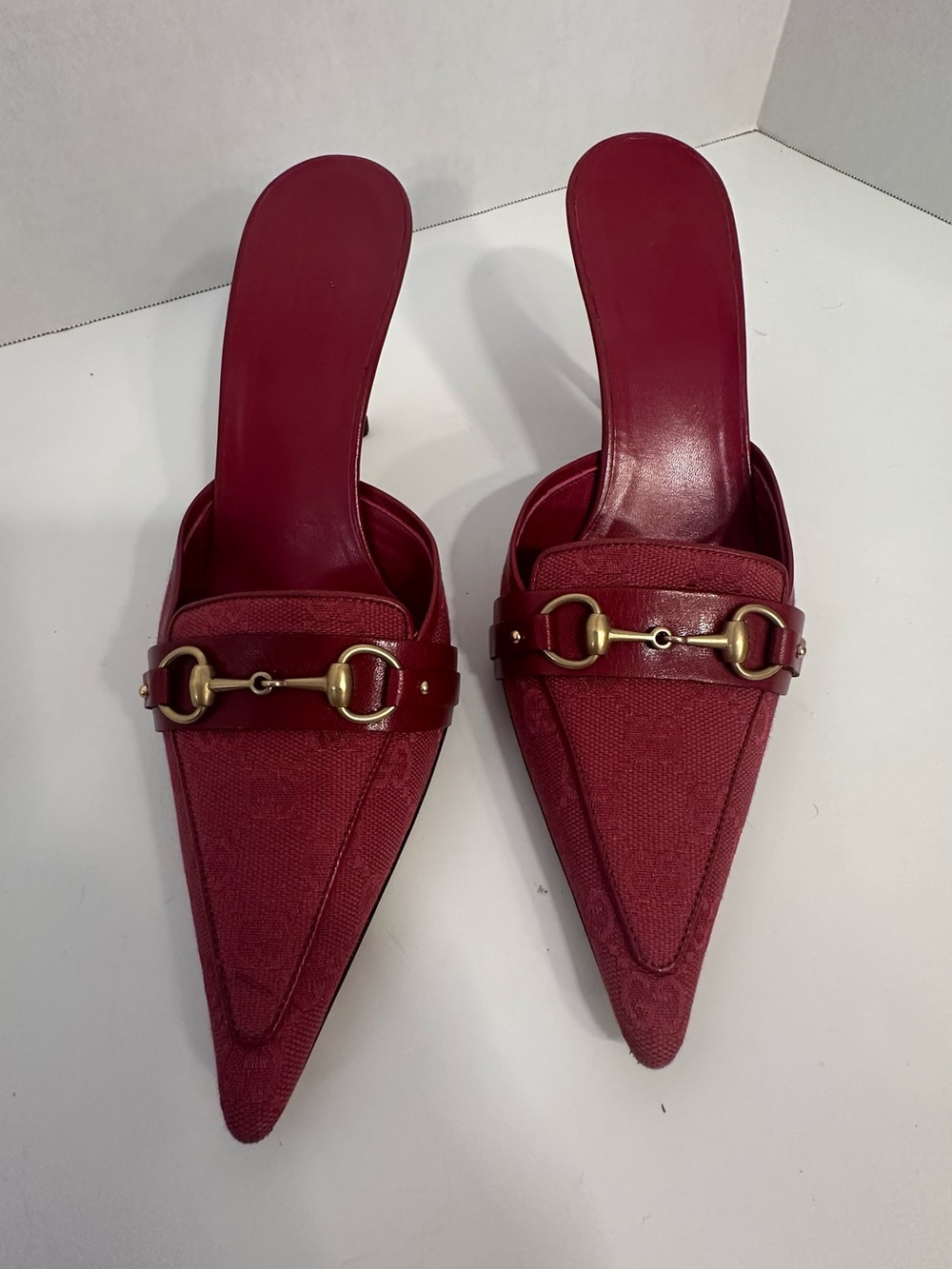 Gucci Burgundy Pointed Toe Slip-On Mules with Gold Horsebit